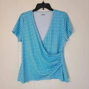 Lands End Athletic Wrap Top Turquoise Gingham Check Athleisure Size M